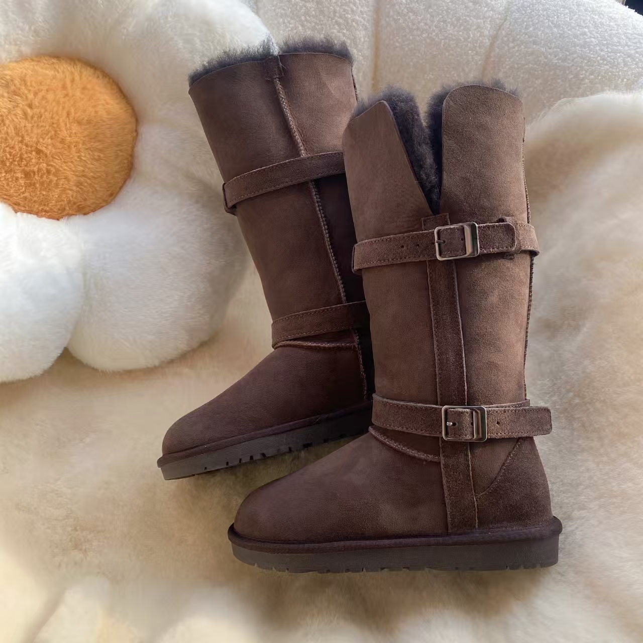 经典颜色重现   羊皮羊毛一体雪地靴加厚骑士皮带靴户外女鞋