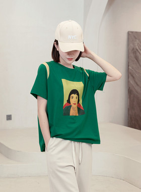 夏季女韩版时尚休闲绿色纯棉t印花撞色圆领拼接宽松短袖女t恤显瘦