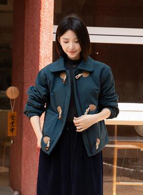 冬季新款女大版宽松翻领拉链蓝色棉布短款棉衣棉服女夹棉外套女