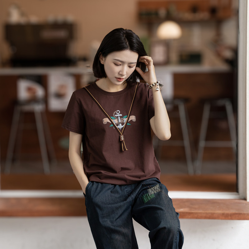 正肩咖啡色显瘦纯棉女小众短袖