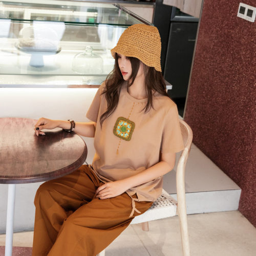 正肩宽松纯棉短袖女驼色森女文艺