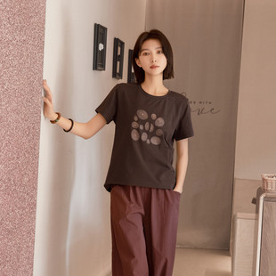 显瘦上衣女 夏季 新款 女圆领正肩咖啡色印花纯棉短袖 设计感时尚