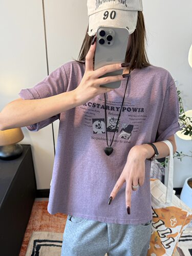 XCstarry纸袋5033漫画复古洗褪刺绣加厚纯棉圆领短袖T恤宽松显瘦