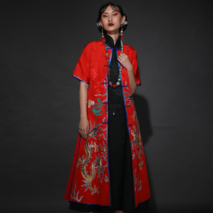 云饰图腾原创设计女装外披民族风老绣手工绣盘金双龙显瘦短袖外衣