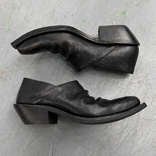 复古做旧尖头德比鞋男女款厚底乐福鞋褶皱巫师鞋增高休闲穆勒皮鞋