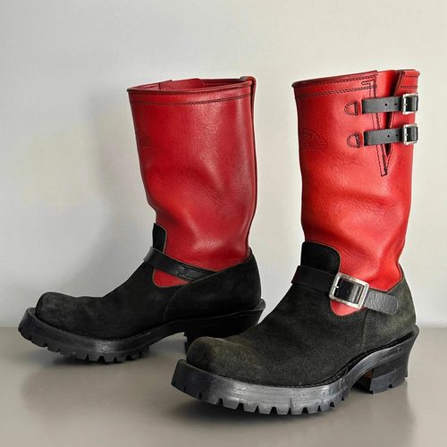 美式复古黑红中筒机车靴工程师靴