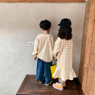 韩系2025末小蒙春款休闲裙T09兄妹时尚格子大鱼尾兄妹装格子装童