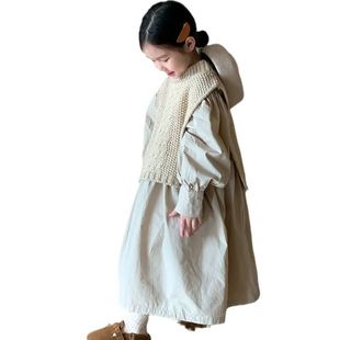 女童毛线连衣裙2025童裙春款长裙针织泡泡袖韩版儿童宽松纯色披肩