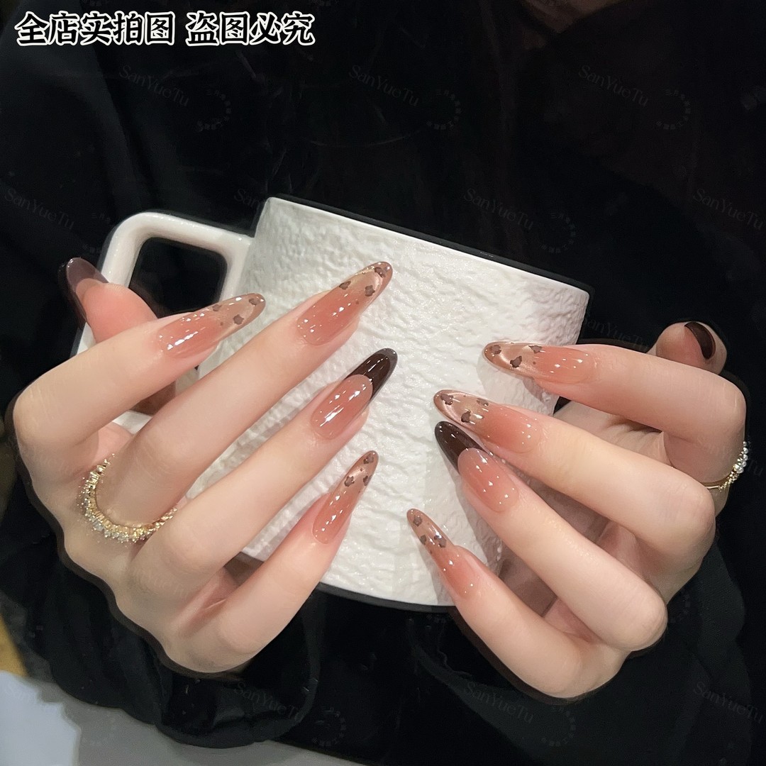 豹富豹美 豹手绘定制手工豹纹长款穿戴甲轻奢气质法式裸色美甲贴