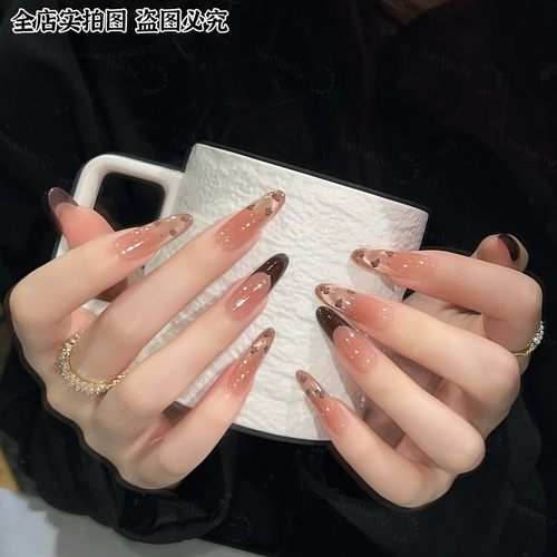 豹富豹美 豹手绘定制手工豹纹长款穿戴甲轻奢气质法式裸色美甲贴