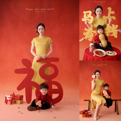 新中式黄色旗袍母子装中国风复古新年亲子装母子礼服套装新年背景