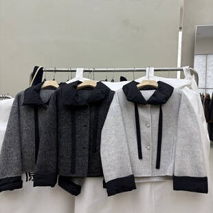 2025秋冬新款拼接羽绒领韩系双面羊绒大衣女短款宽松显瘦羊毛外套