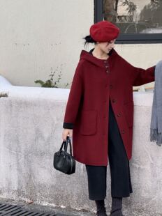 2025秋冬新款韩版双面羊绒大衣女中长款连帽宽松显瘦羊毛外套女