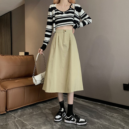 Real shooting real price ~ autumn new Korean version design high waist, thin and loose mid-length A-line skirt skirt women