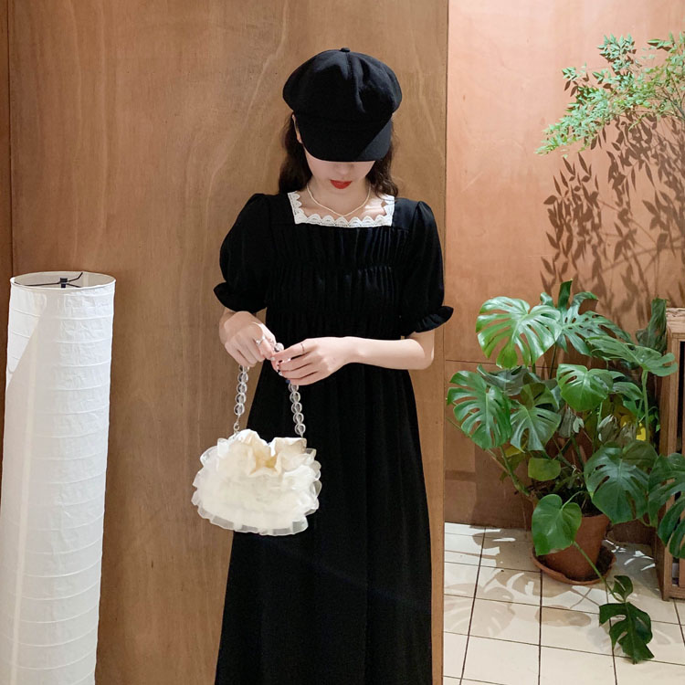 Real shooting real price - spring new Korean design feeling square neck short sleeve medium length girlfriends dress long skirt