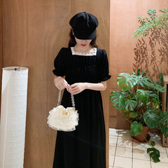 Real shooting real price - spring new Korean design feeling square neck short sleeve medium length girlfriends dress long skirt