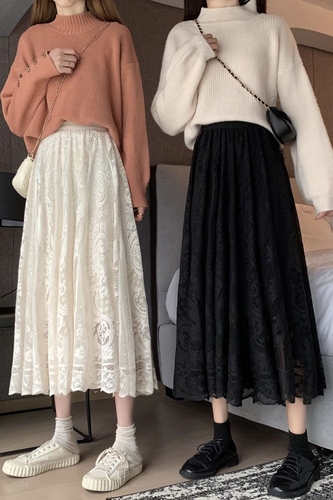 Real price ~ 2021 Korean version elastic waist medium and long lace skirt, versatile half skirt, umbrella skirt, large swing skirt, female