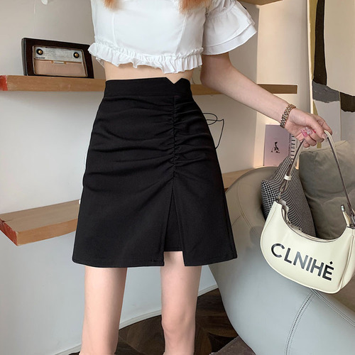 Real shot spot~2022 new Korean style pleated slit skirt A-line skirt irregular hip skirt