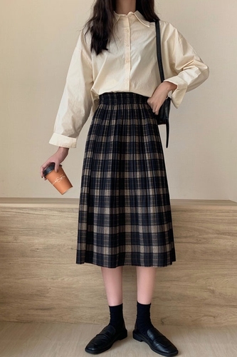 Real shooting and real price ~ New Korean version elastic waist medium and long Plaid pleated skirt A-line skirt half skirt female