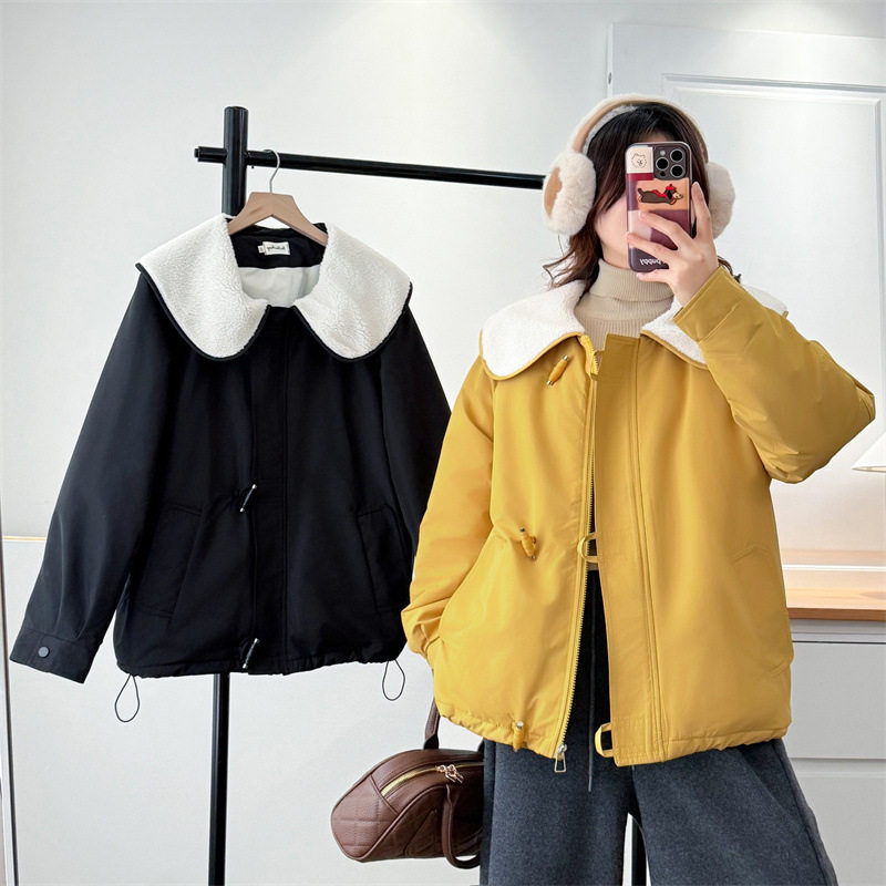 大码女装棉袄2025秋冬娃娃领撞色连肩袖棉衣胖妹时尚小众棉服