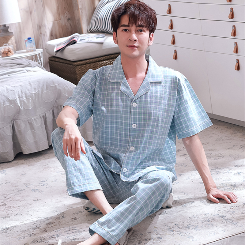 睡衣男纯棉布夏短袖长裤加肥大码睡衣/家居服套装