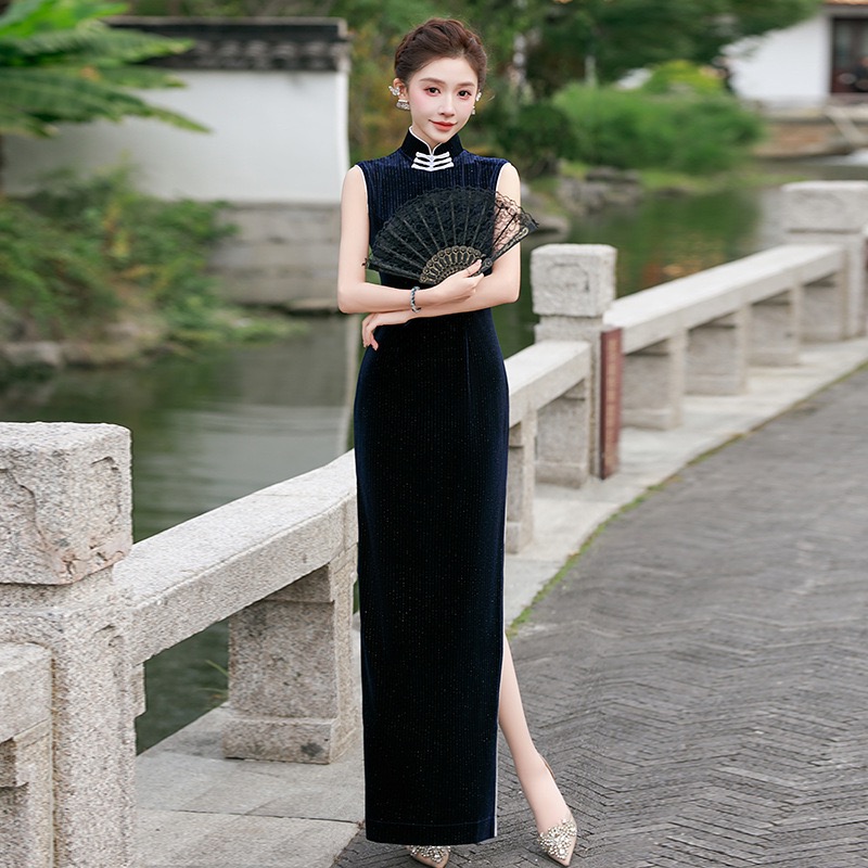 时尚改良年轻少女款长款无袖旗袍2025秋新款新中式日常旗袍