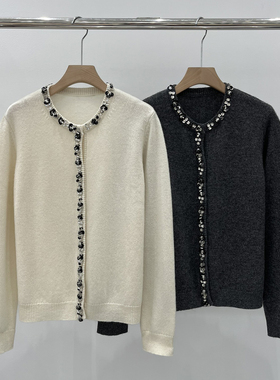 EverUnique秋冬新款女装纯羊绒珠花圆领针织衫开衫QX-3494