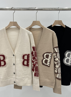 EverUnique秋冬新款女装纯羊绒字母V领开衫毛衣外套QX-3490