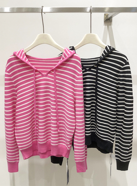 EverUnique秋冬新款女装扬子纱精纺纯羊毛条纹连帽毛衣QX-3536