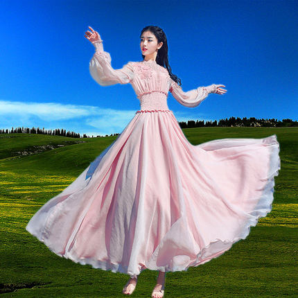 新款甜美温柔波西米亚粉色长袖很仙的收腰雪纺大摆连衣裙度假长裙