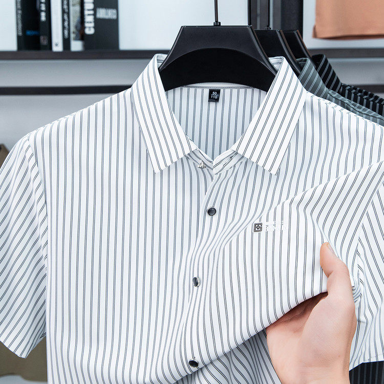 康歌特男士翻领短袖夏季中青年开衫青春流行薄款条纹标准版型衬衫