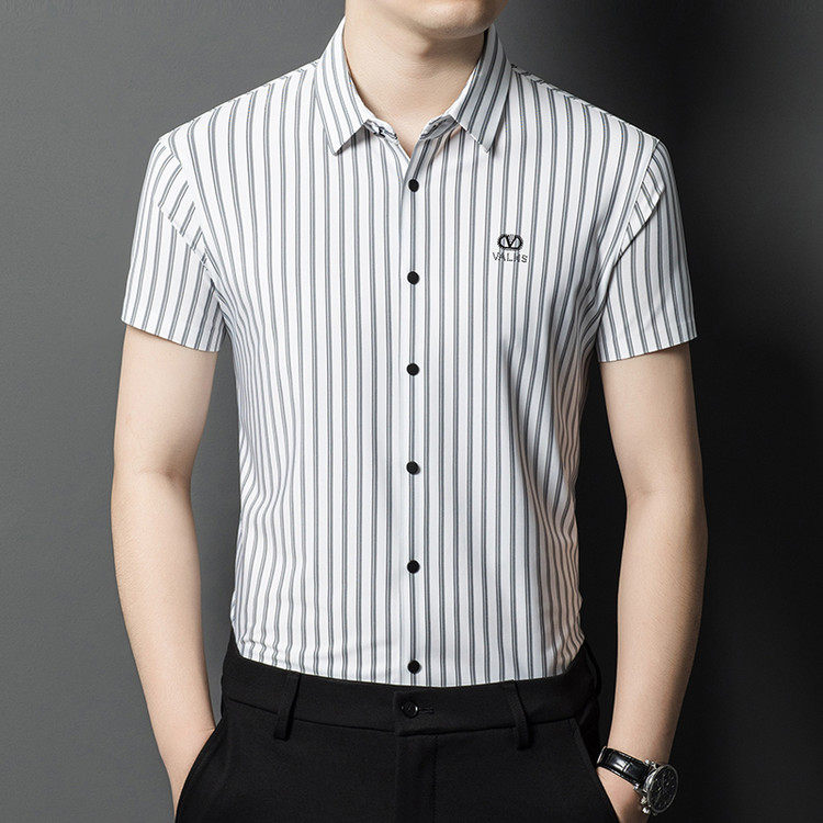 康歌特夏季翻领短袖中年男士条纹现代风衬衫时尚都市微弹常规衬衣