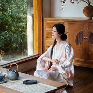 璟璃新中式 浴袍家居服女晨袍 国风缎面印花古风睡袍大码 广袖
