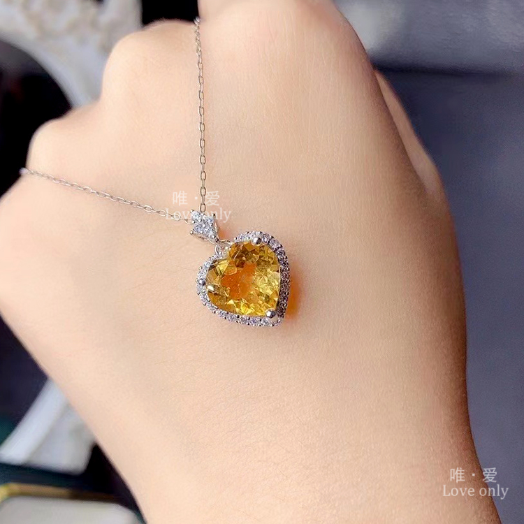 项链女天然黄水晶紫水晶心形吊坠颈饰