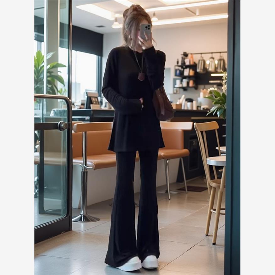 胖mm大码300斤春秋季新款时尚百搭休闲简约长袖上衣微喇叭裤套装