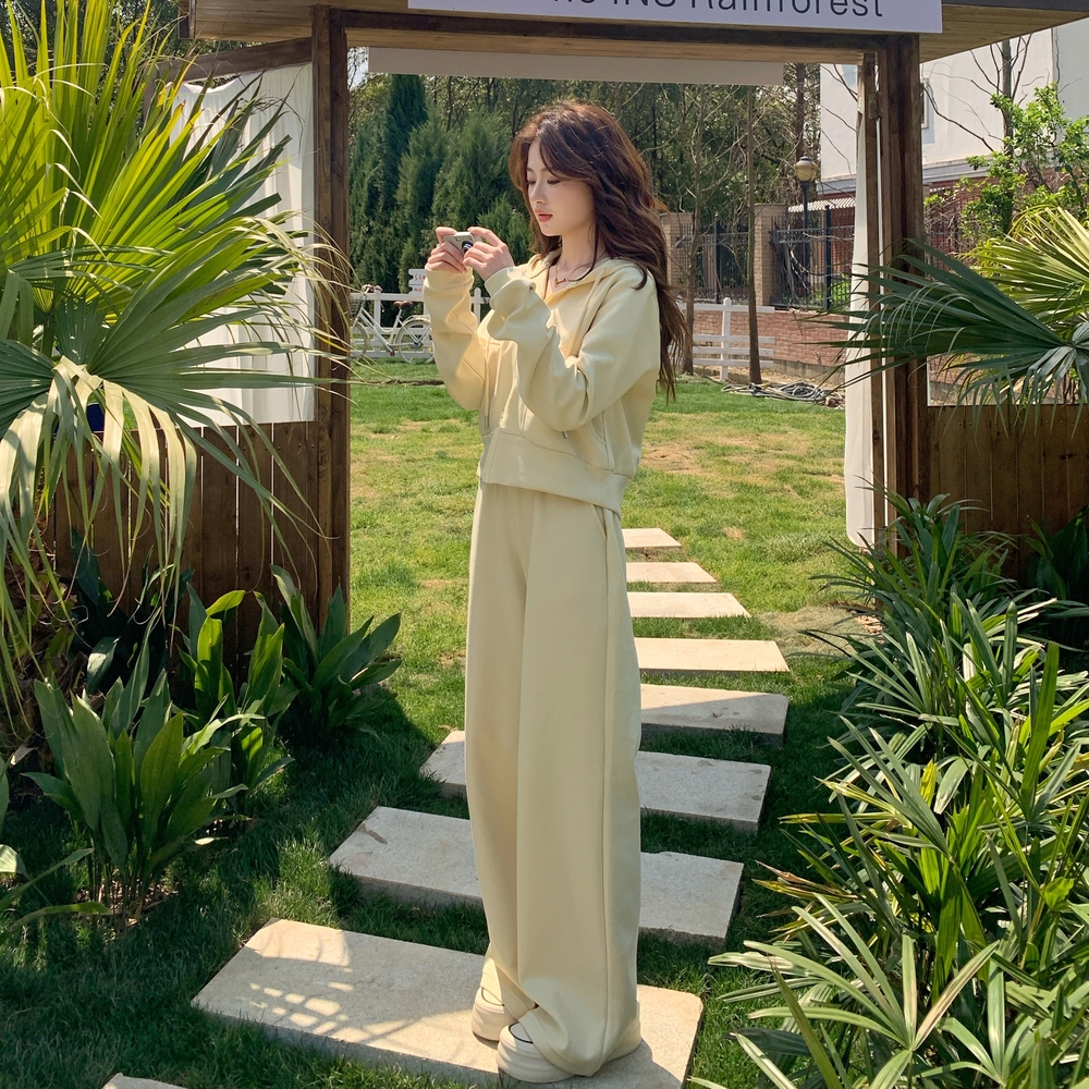黄色韩系一整套休闲连帽卫衣套装女2025秋季新款直筒阔腿裤两件套