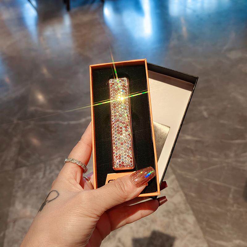 创意USB防风充电打火机超薄无声电子迷你小巧便携高颜值点烟镶钻