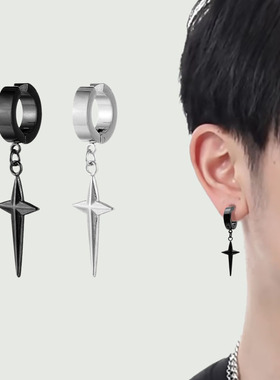 免打孔十字架星星耳夹耳扣无耳洞港风黑色男士耳坠耳钉耳环酷帅女