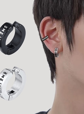 无耳洞耳夹耳扣男士钛钢小众设计美式复古字母耳钉耳环耳饰酷帅女