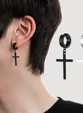 无耳洞十字架耳夹男士钛钢日常简约港风黑色耳饰耳钉耳环女免打孔