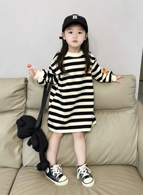 2025春季新款女童笑脸中长款卫衣裙宝宝洋气条纹休闲长袖连衣裙潮