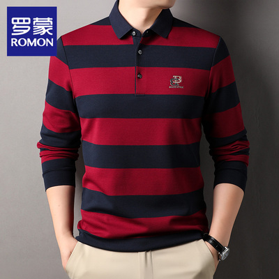 罗蒙长袖翻领T恤男春秋爸爸上衣