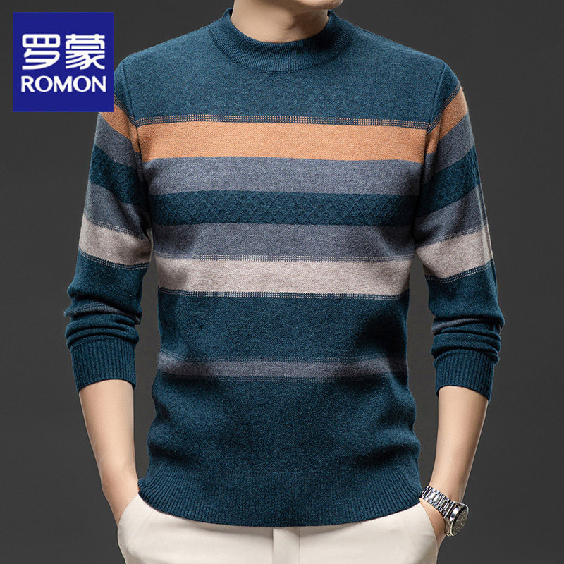 罗蒙圆领针织衫男2025秋冬季新款商务休闲高级感条纹打底毛衣爸爸