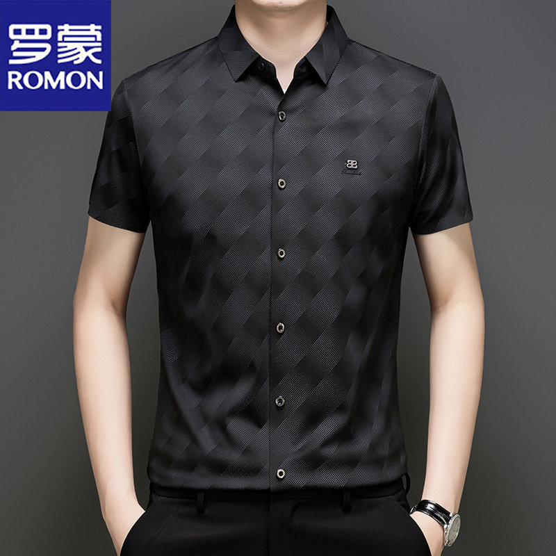 罗蒙夏季新款短袖衬衫男士条纹衫冰丝休闲抗皱免烫无痕高端衬衣薄
