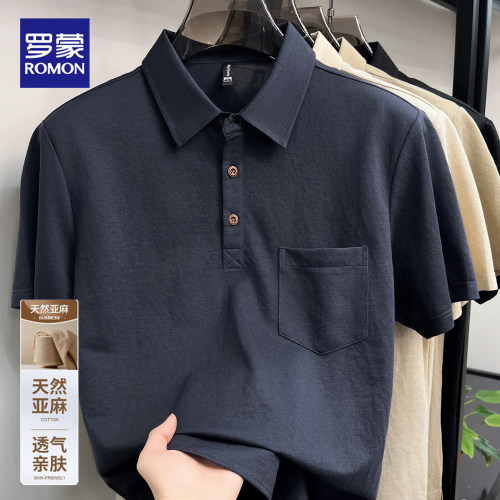 罗蒙夏季棉麻短袖t恤男士真口袋