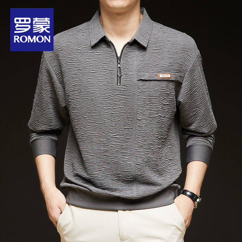 罗蒙拉链长袖T恤男春秋季新款轻奢感卫衣商务休闲翻领时尚POLO衫