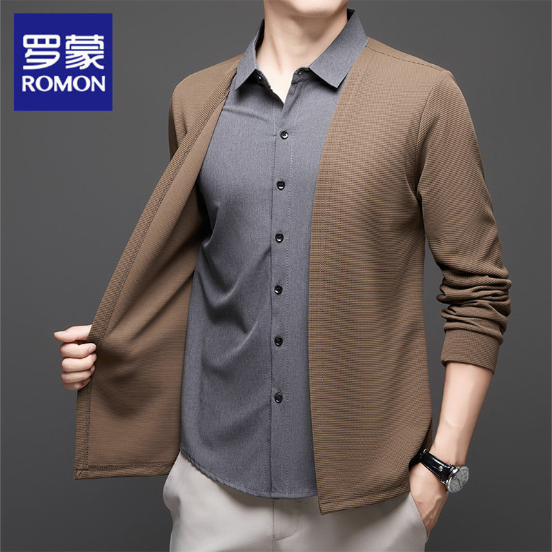 罗蒙开衫假两件针织衫男2025秋冬季新款商务休闲高级感翻领上衣男