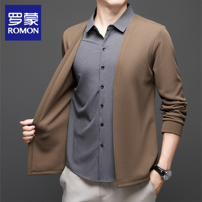 罗蒙秋冬新款翻领假两件针织衫男