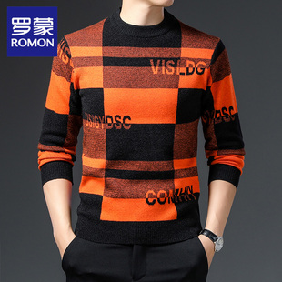 罗蒙天鹅绒针织衫男圆领2025秋冬新款潮牌红色格子加厚保暖打底衫
