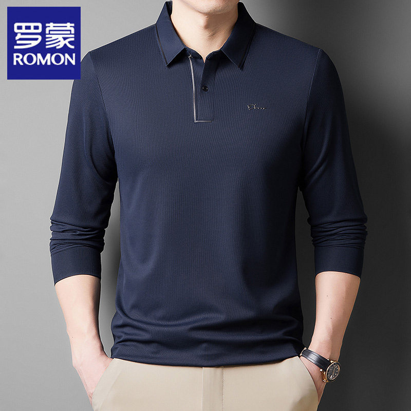 罗蒙翻领长袖POLO衫男春秋季2024新款高级感商务休闲中年t恤爸爸